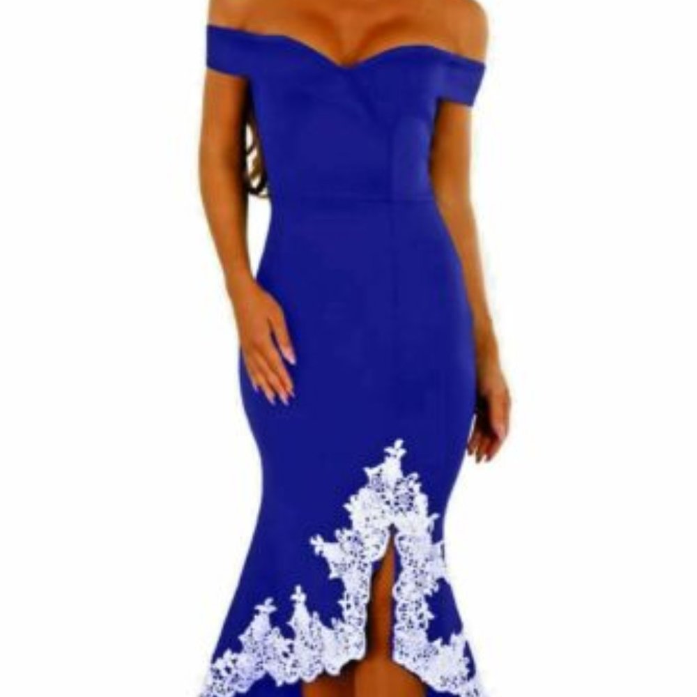 Blue Midi Dress with White Crochet Trim - Elevate Your Nightclub Glamour! 💙✨